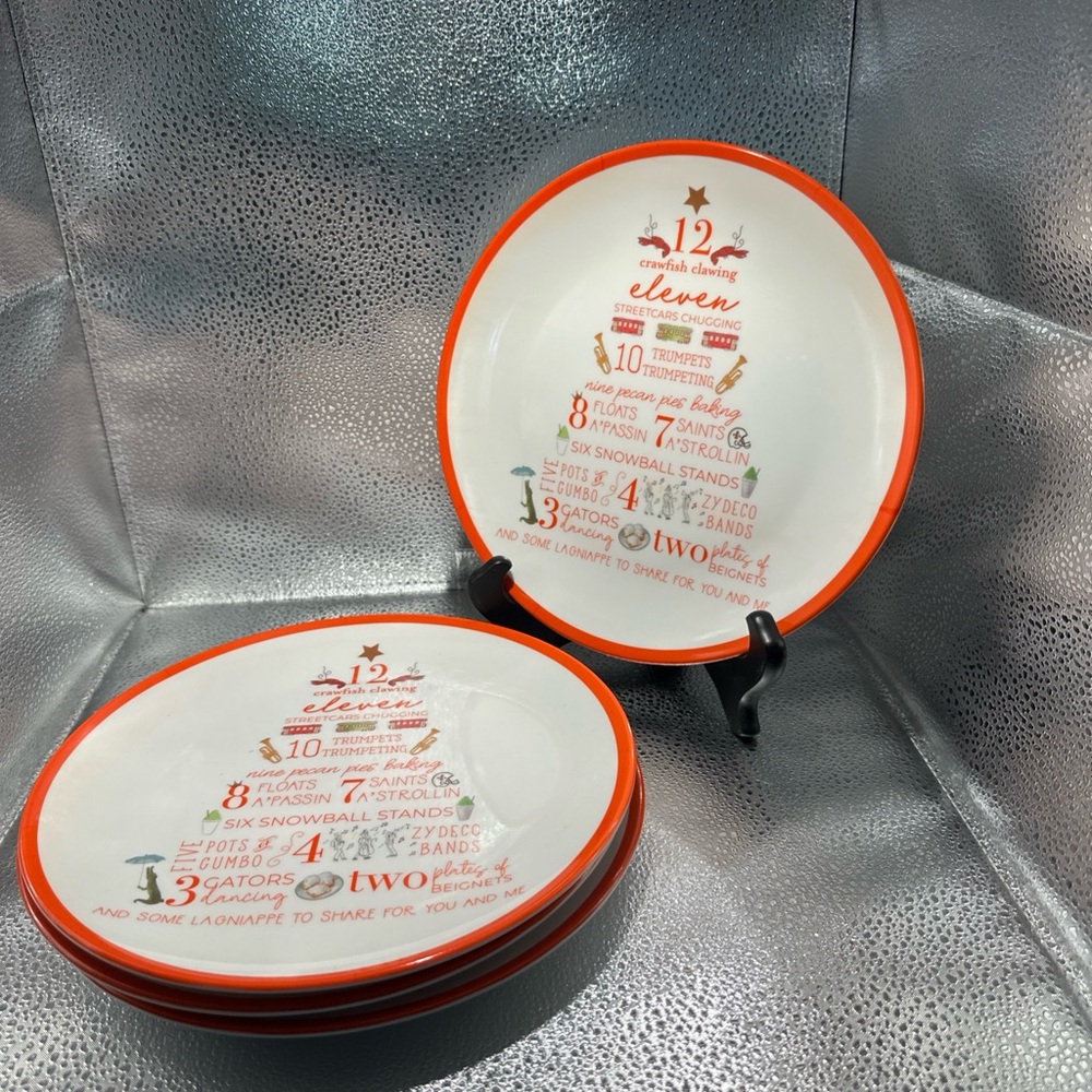 12 days Holiday Tree Orange and White Salad/Dinner Melamine Plate Set 4